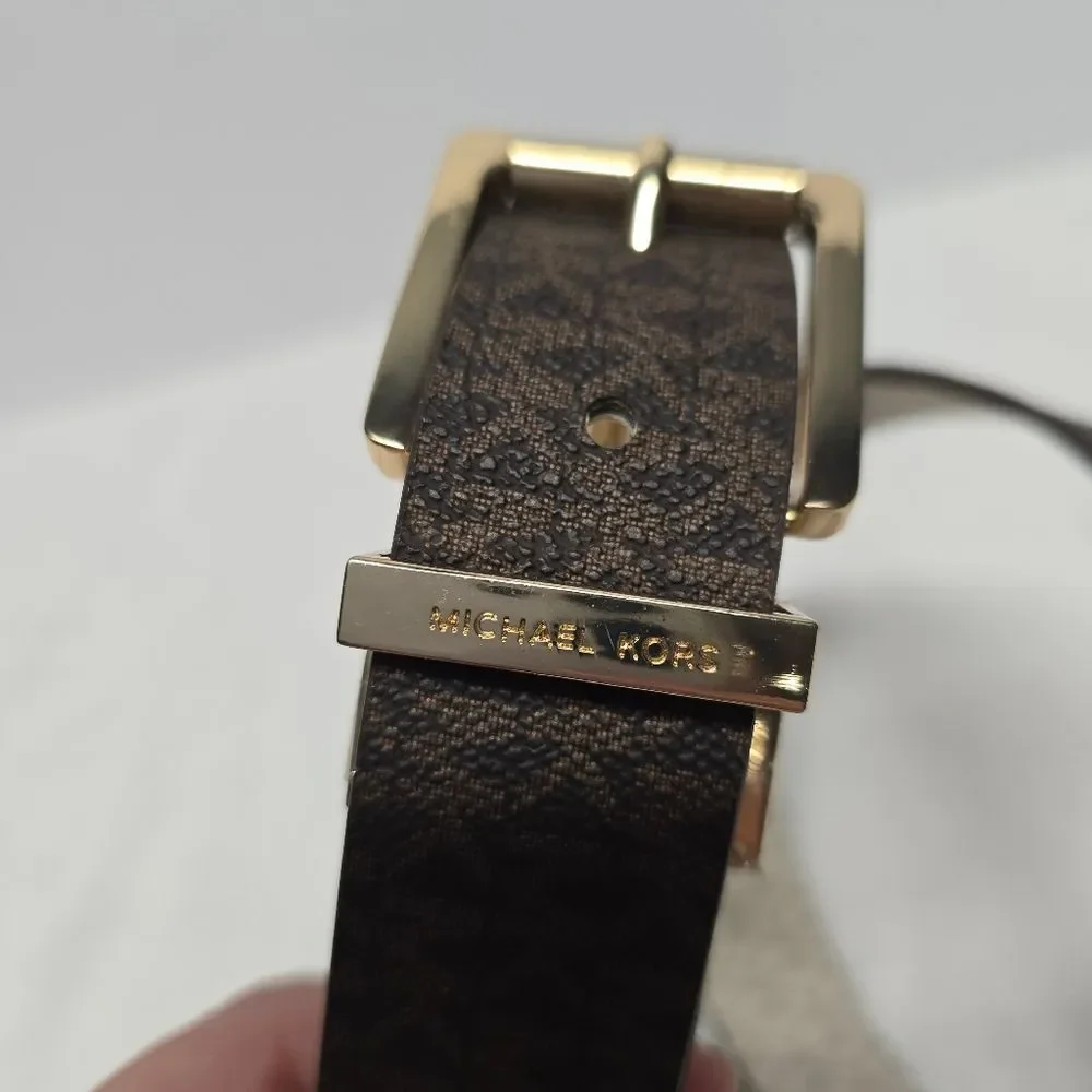 Michael Kors Women's Twist Reversible Logo Vegan Leather Belt Brown Cream L NWT